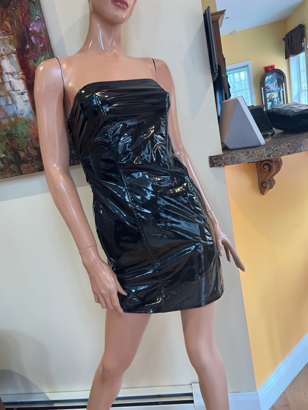 Sleek Black Patent vinyl S Strapless Mini Dress nwot